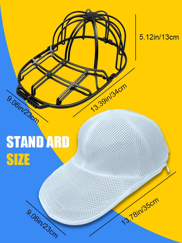 A black wire hat stand and a white mesh baseball cap are shown on a yellow and blue background.