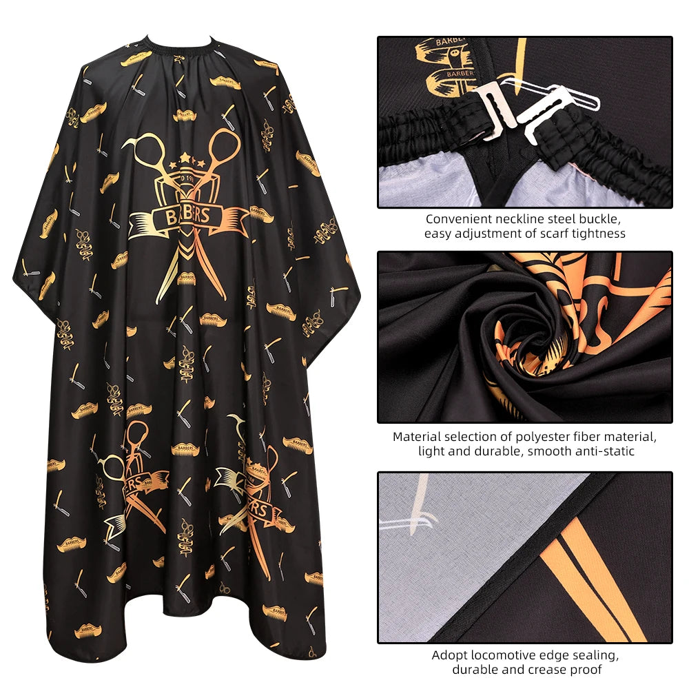 Black professional salon hair cutting cape featuring gold embroidery and an adjustable neck steel buckle.