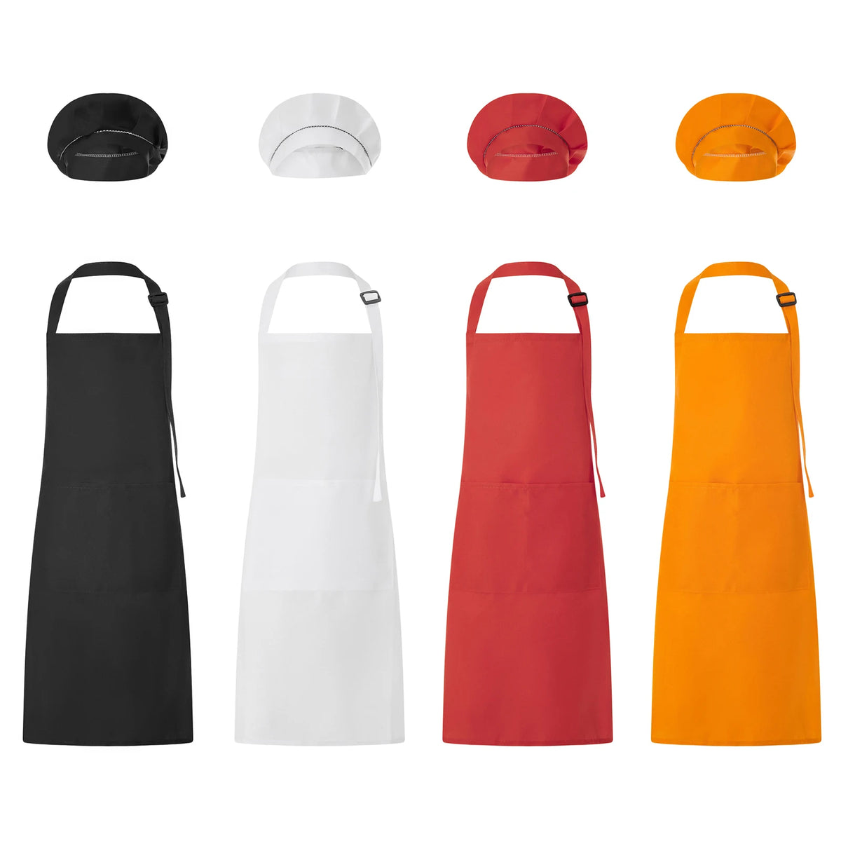 A set of four adjustable chef hats and aprons in black, white, red, and orange.