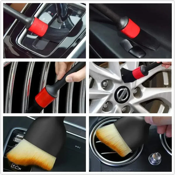 A set of black and red detailing brushes used for cleaning car wheels and interior surfaces.