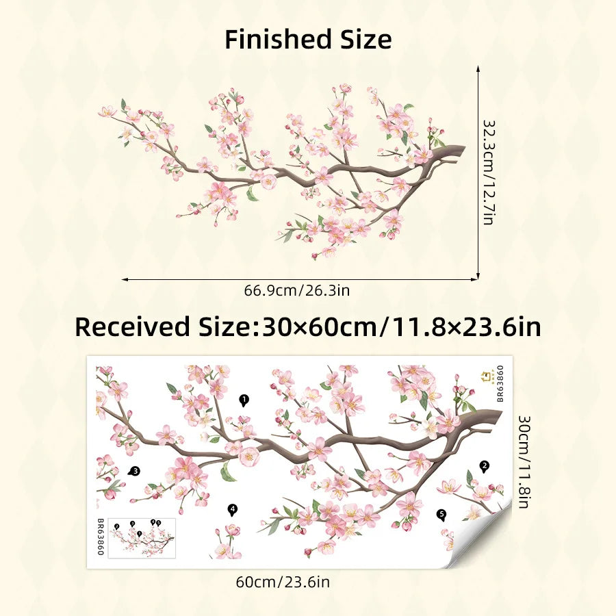 Finished and received sizes of decorative peach tree branches for wall decor.