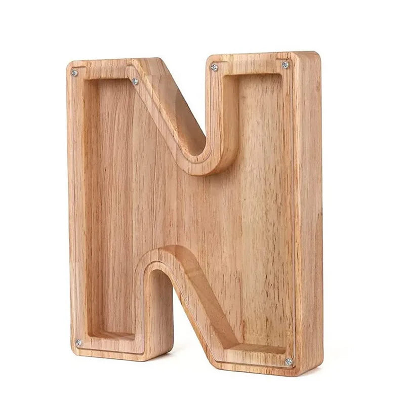 Piggy bank shaped like the letter N, made of wood for savings