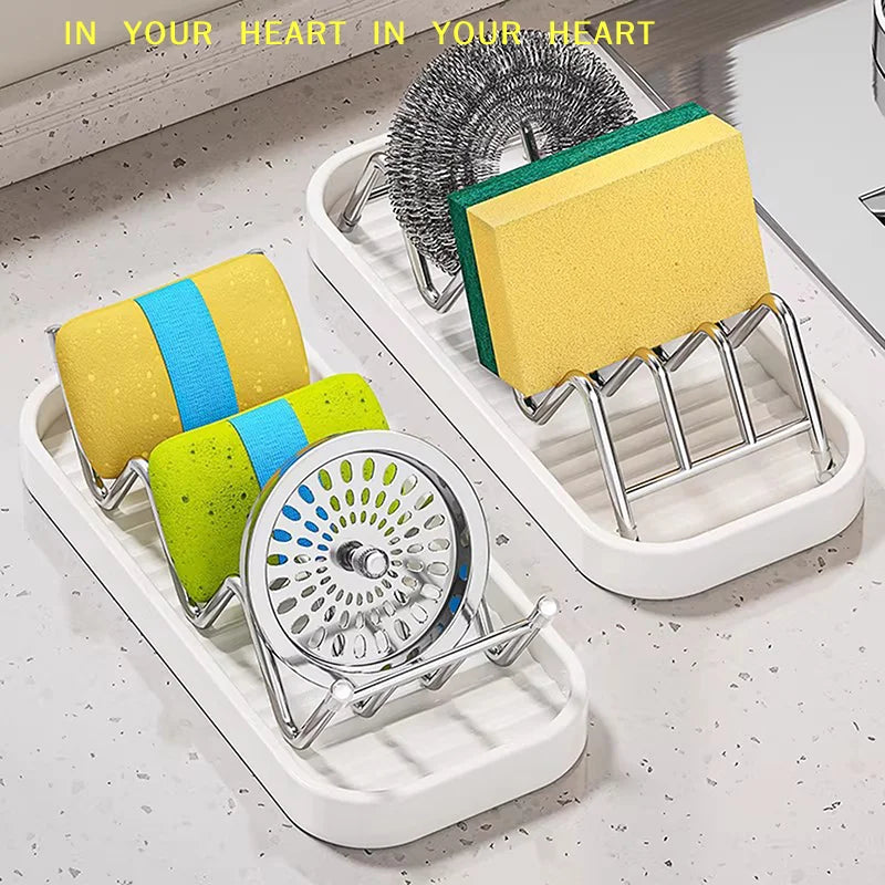 W-shaped stainless steel soap storage rack holding three colorful soaps on a white tray