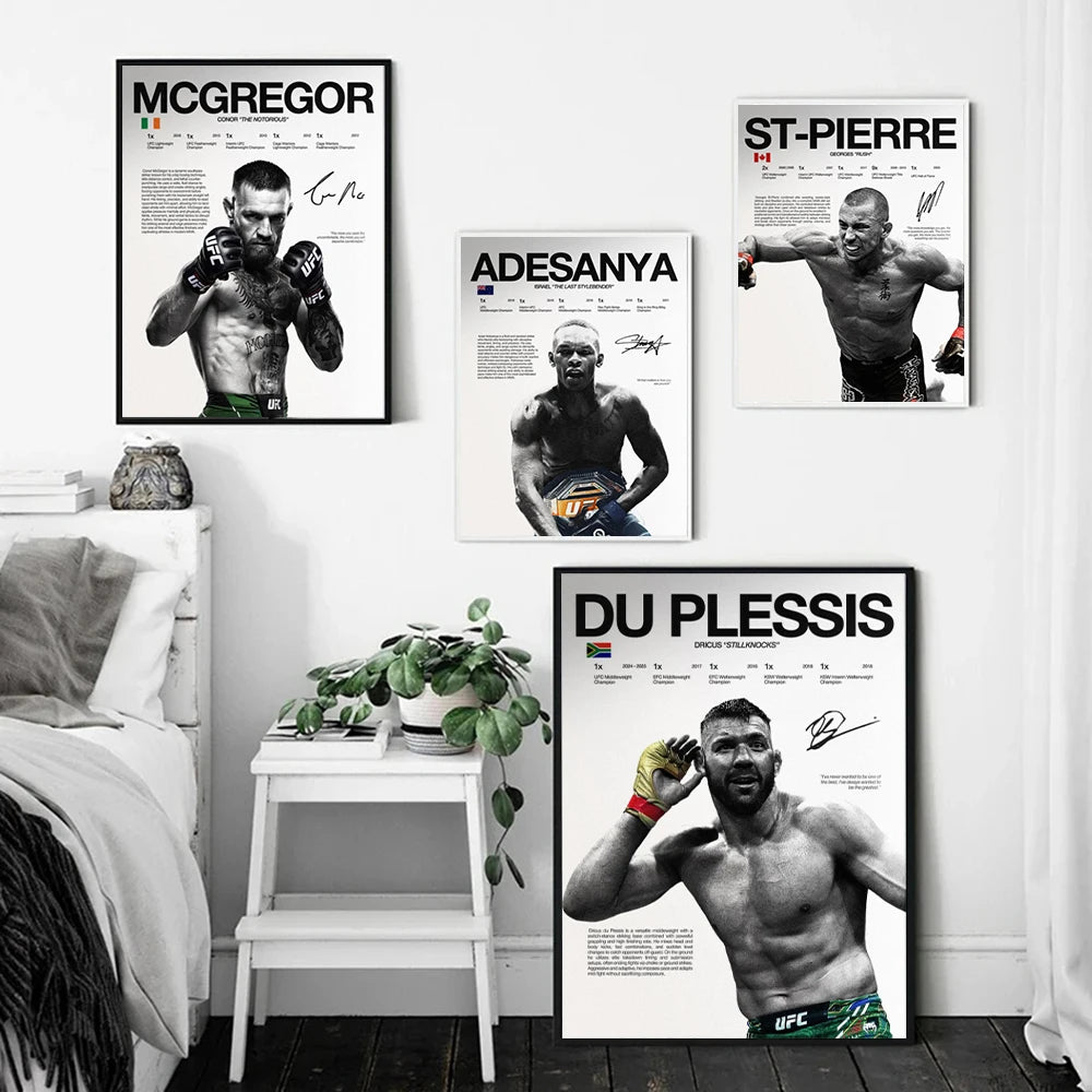 A gallery wall display of canvas art prints featuring various UFC fighters like McGregor, St-Pierre, and Adesanya.