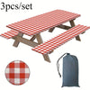 A set of three red and white plaid tablecloths or mats for outdoor use.