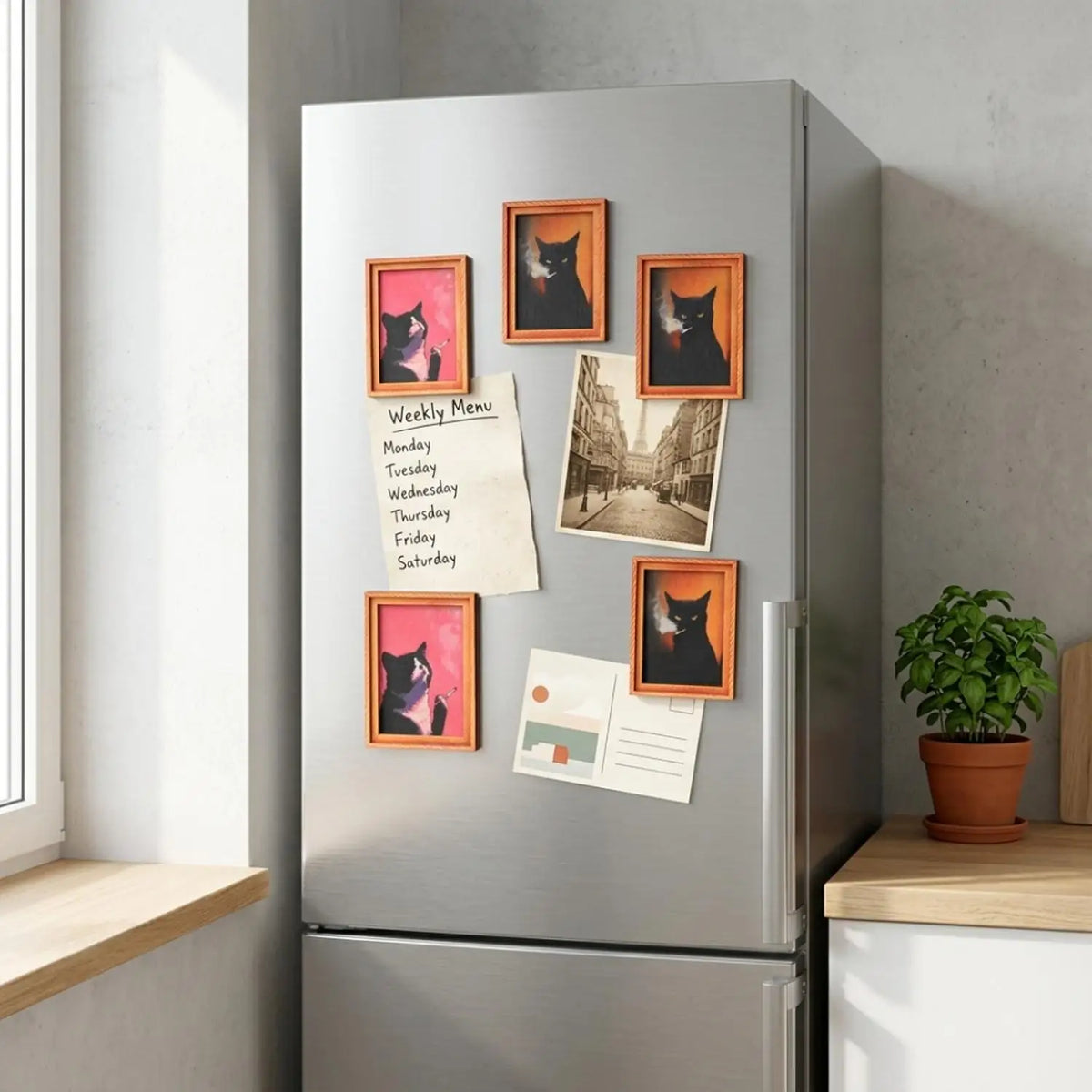 Silberne Kühlschrank mit gerahmten Katzenfotos und einem wöchentlichen Menüplan.