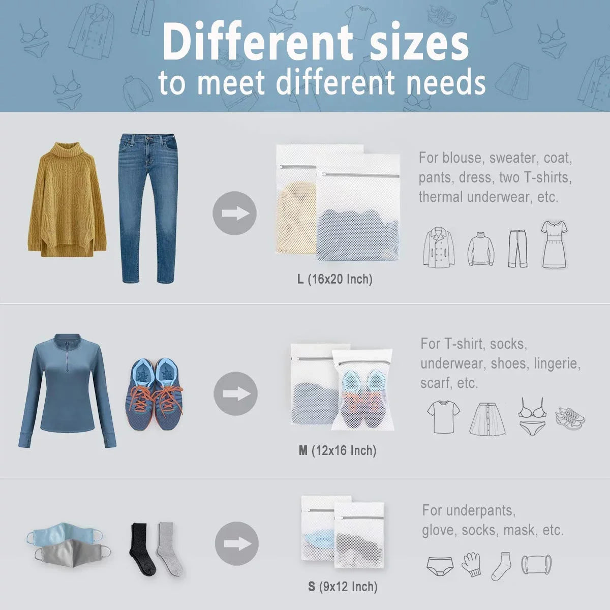 A set of five reusable mesh laundry bags in small, medium, and large sizes shown next to various clothing items.