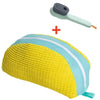 A yellow and light blue multi-use shoe cleaning set with a brush and storage bag.