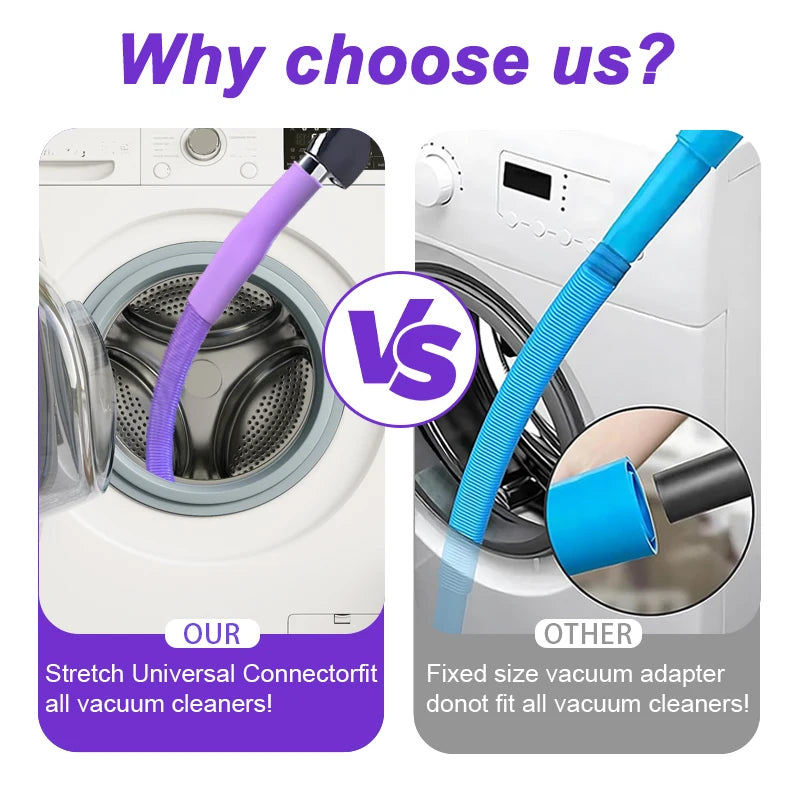 Comparison showing a stretch universal connector brush for vacuum cleaners versus a fixed size vacuum adapter.