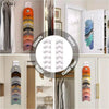 Wall mounted hat organizer rack showing various colored hats and accessories in a closet setting