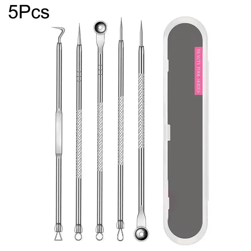 A set of five stainless steel beauty tools for acne and blackhead removal, including various pointed instruments.