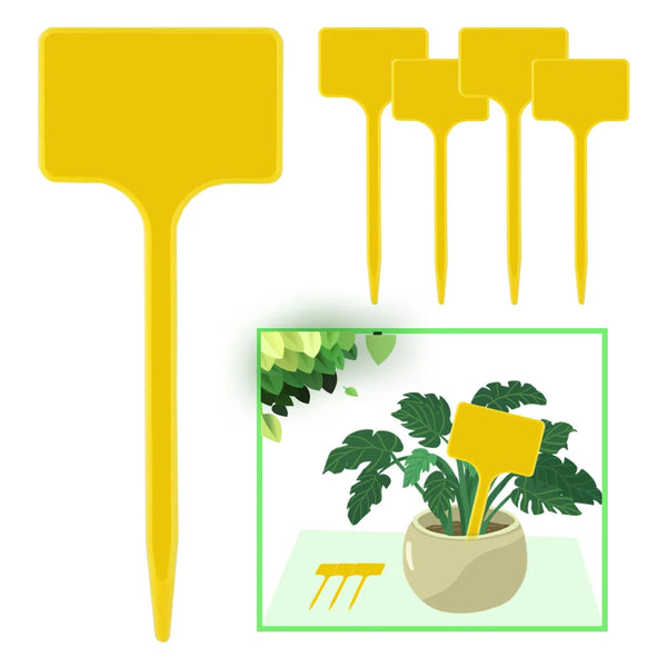 A set of yellow T-shaped plant markers for indoor or outdoor gardening, with one marker shown in a potted plant.