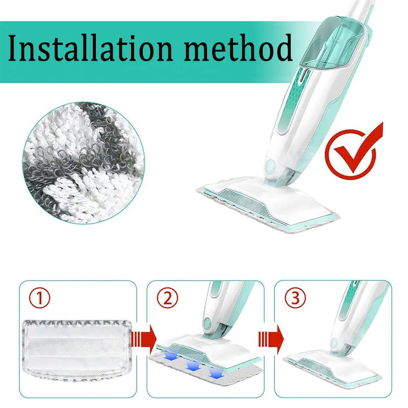 Installation method showing replacement microfiber pads for a Shark steam mop.