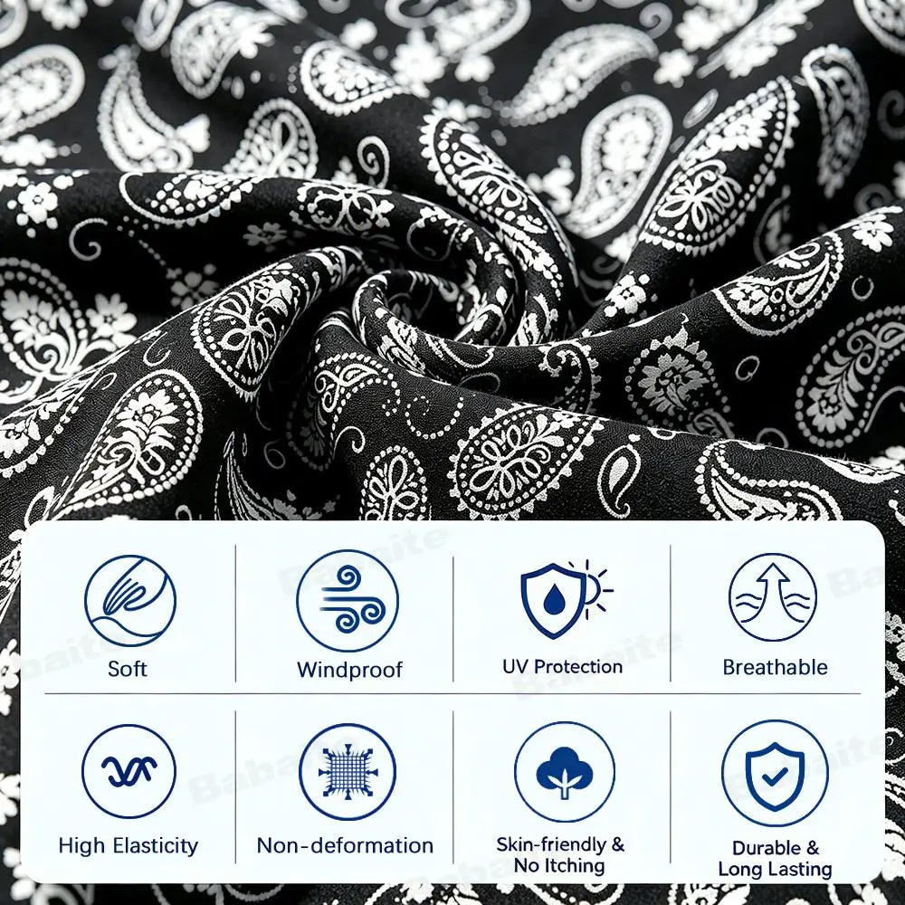Black patterned neck gaiter fabric showing various features like softness, windproof, UV protection, breathability, elasticit