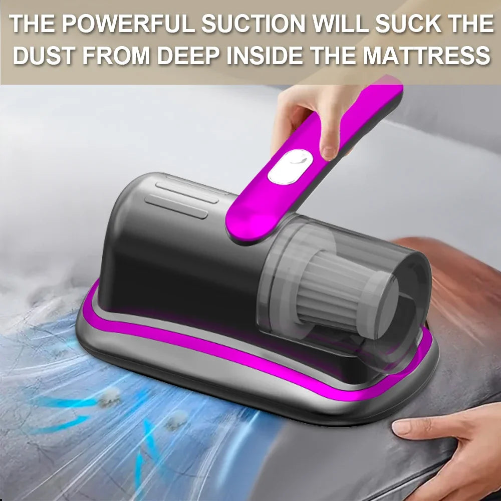 A hand is using a purple and gray handheld vacuum cleaner to clean dust from inside a mattress.