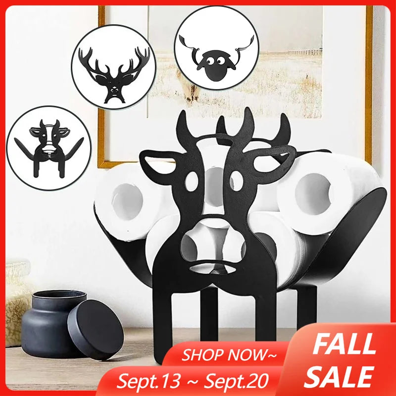 Black novelty animal toilet paper holder and storage rack featuring deer or moose heads