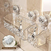 Clear acrylic storage rack with stainless steel suction cup holders for bathroom organization