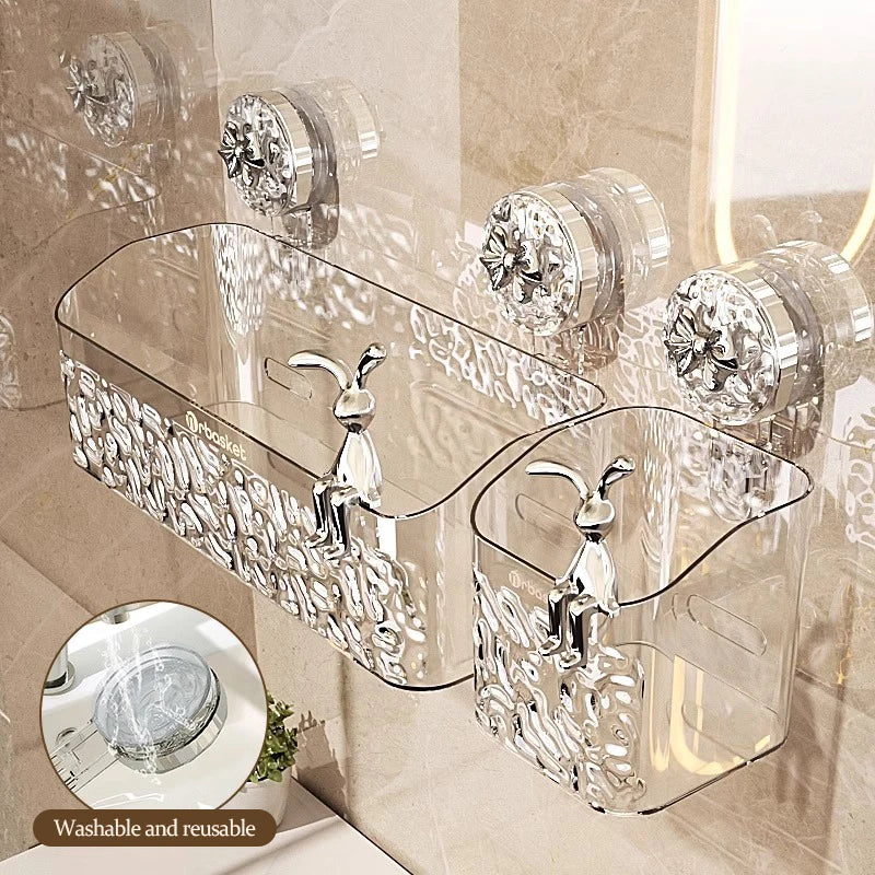 Clear acrylic storage rack with stainless steel suction cup holders for bathroom organization