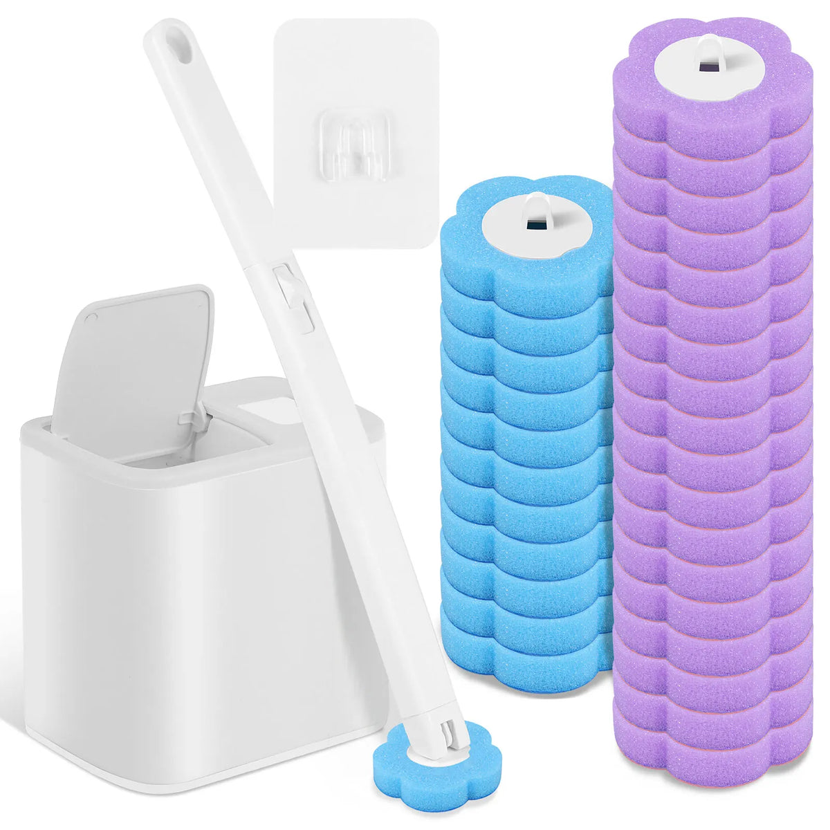 A long-handled disposable toilet brush cleaning kit with a white holder, blue brush, and purple cleaning sponge.