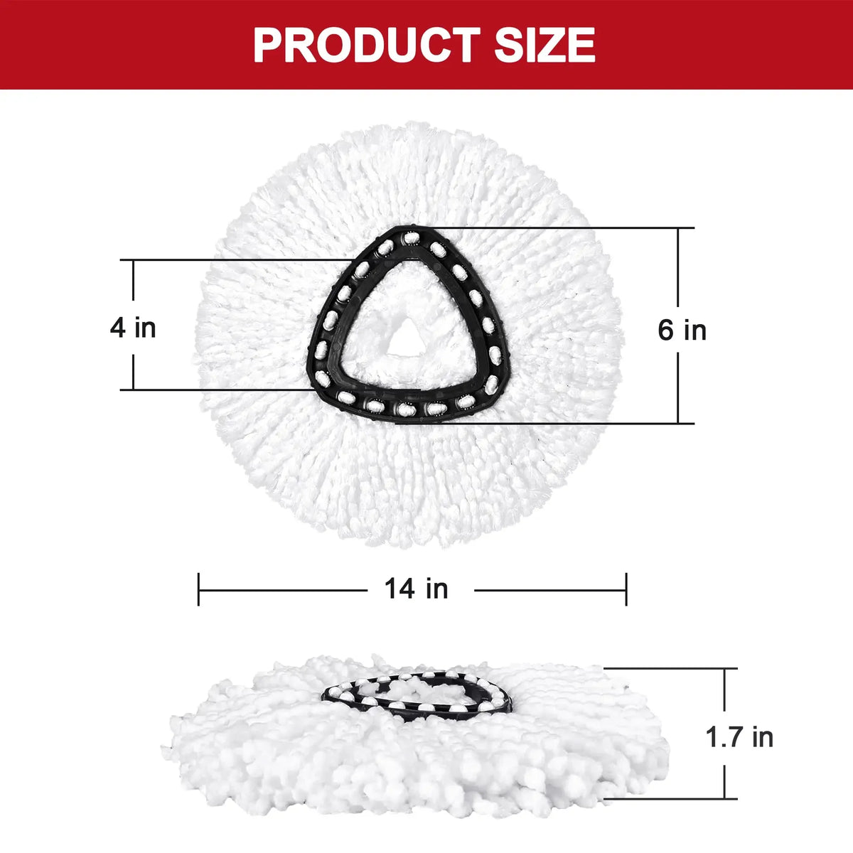 A white microfiber mop head cloth is shown with various dimensions and a close-up view of its texture.