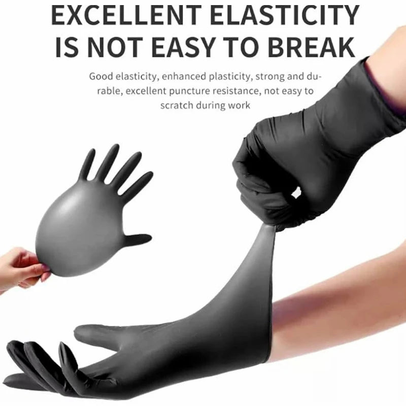 A hand wearing a black disposable nitrile cleaning glove is shown against a white background.