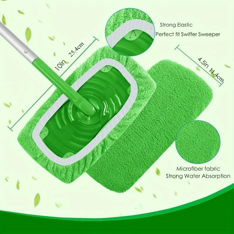 A green microfiber mop pad with a white trim is shown being used on a floor, highlighting its strong elastic and water absorp