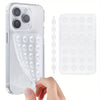 A clear silicone suction cup phone mount is shown next to a hand, demonstrating its use for hands-free photos and videos.