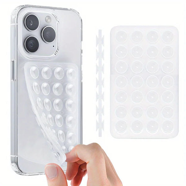 A clear silicone suction cup phone mount is shown next to a hand, demonstrating its use for hands-free photos and videos.