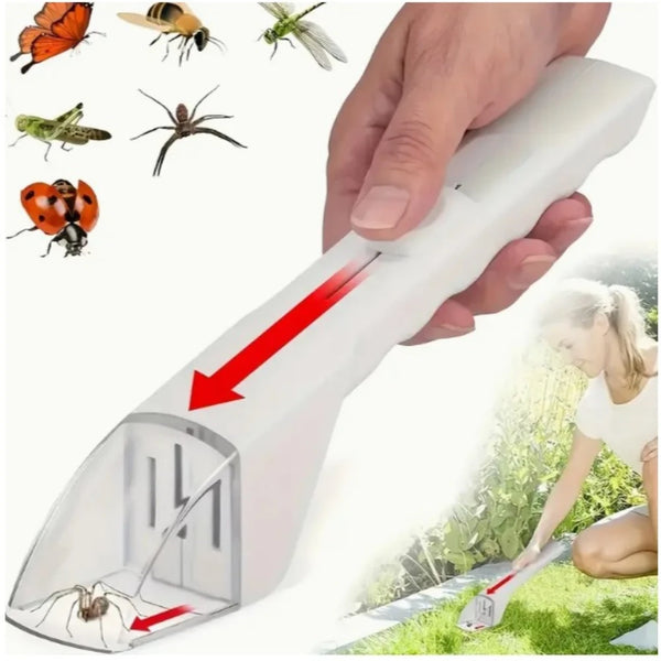 A hand holds a white handheld insect catcher tool, demonstrating its use to capture insects in a garden setting.