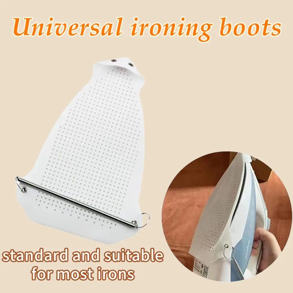 A white universal ironing boots protective cover shield shown next to a hand for scale.