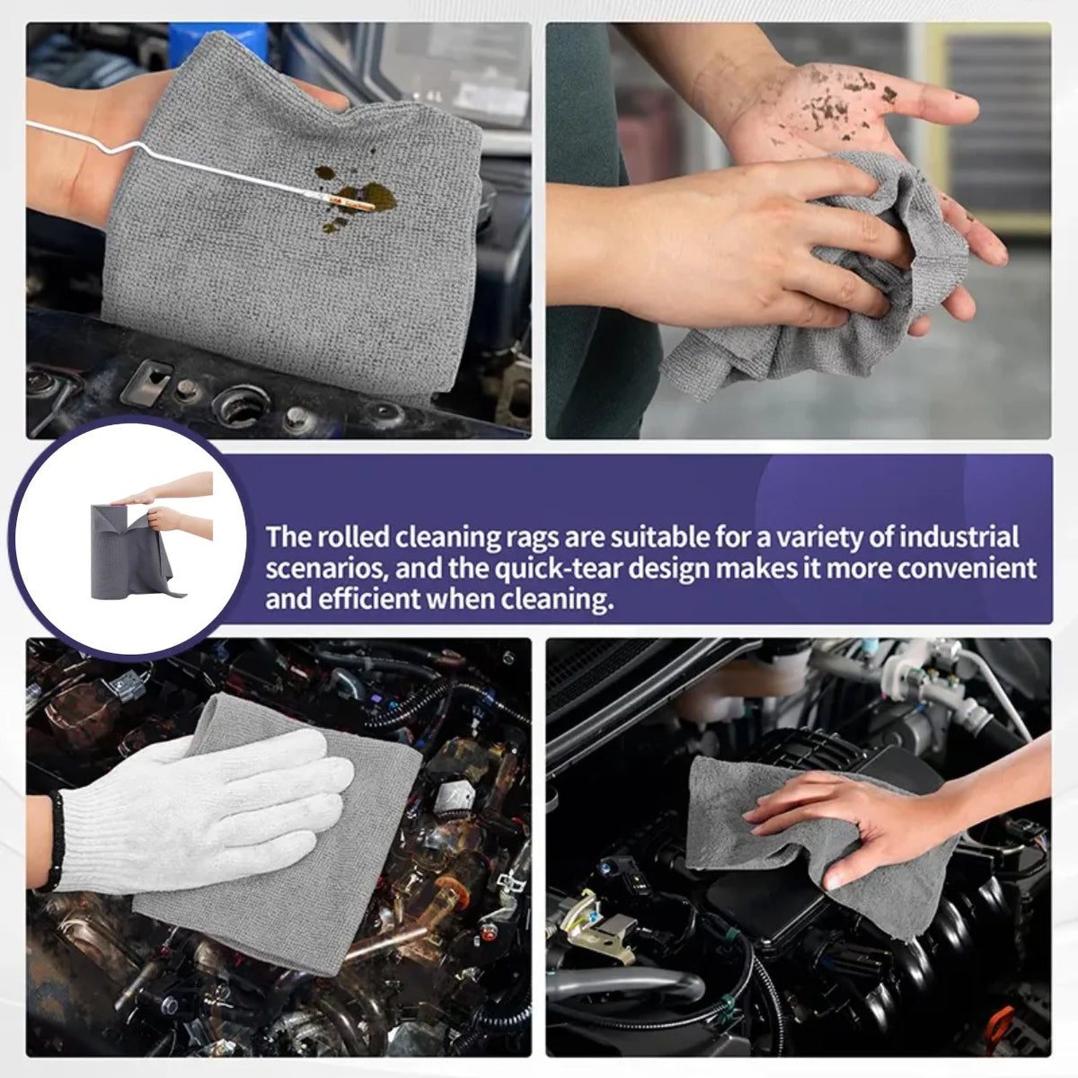 Hands demonstrate the tearable microfiber cleaning rags being used for industrial cleaning tasks.