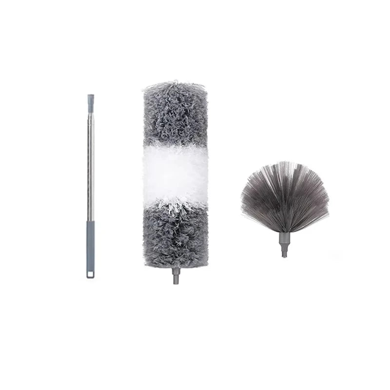 Extendable cleaning duster kit with gray and white fuzzy cleaning tools
