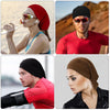 Four images showing women wearing or modeling a red, black, and brown spandex dreadlock tube cap for hair protection.