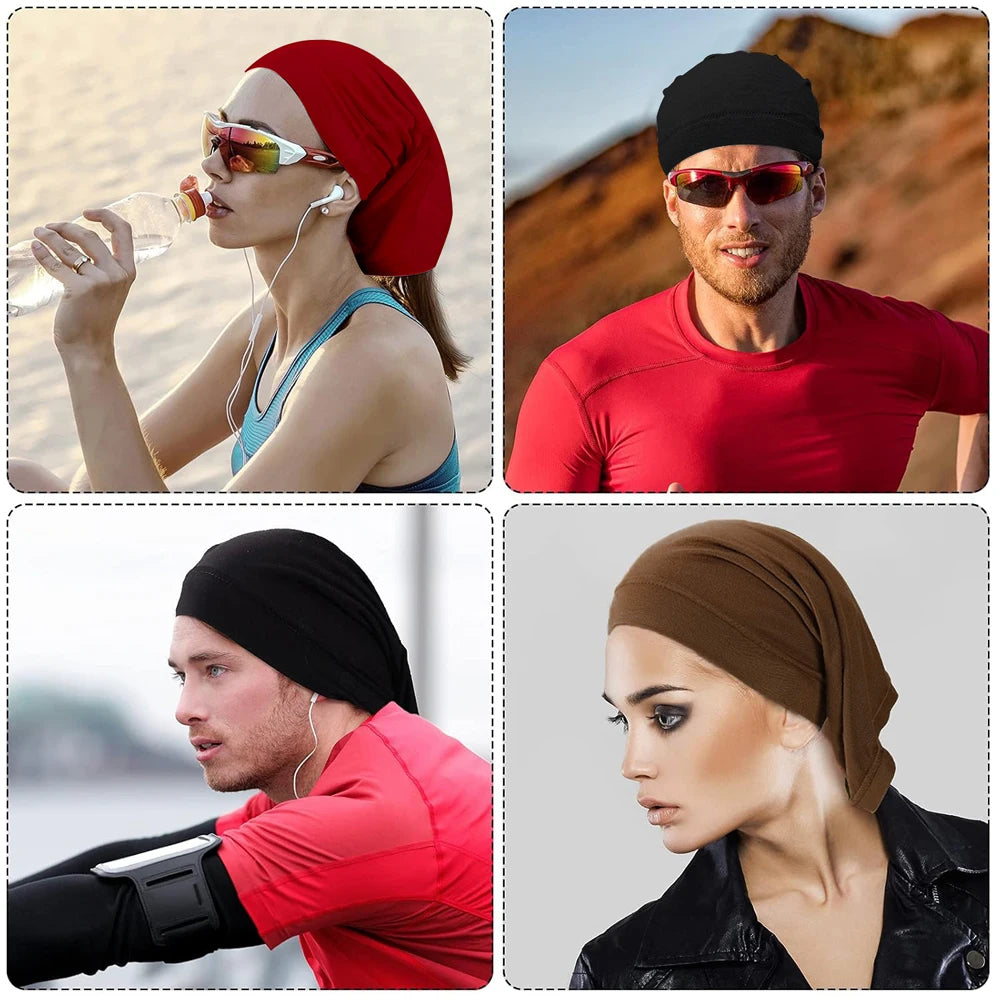 Four images showing women wearing or modeling a red, black, and brown spandex dreadlock tube cap for hair protection.