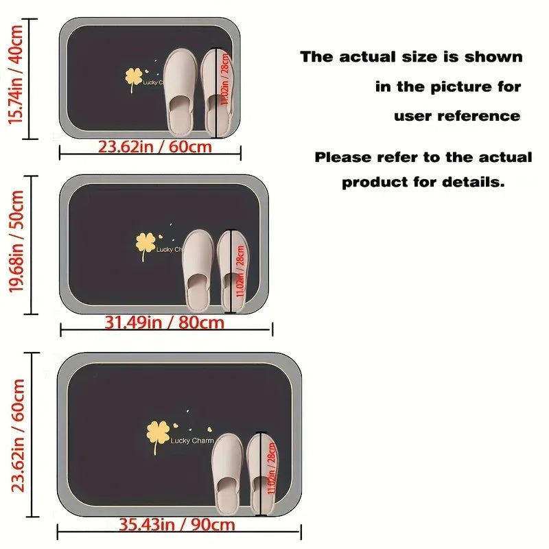 A set of two diatomite bath mats shown in various sizes, including 15.74in/40cm and 23.62in/60cm.