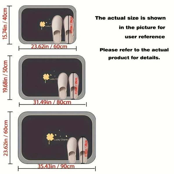 A set of two diatomite bath mats shown in various sizes, including 15.74in/40cm and 23.62in/60cm.