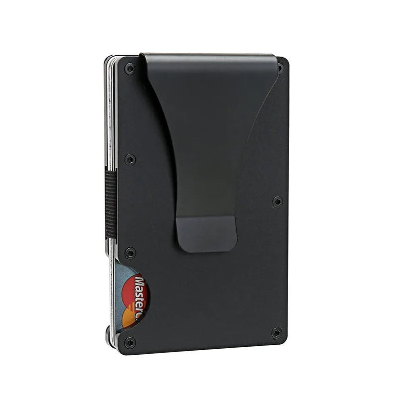 A black carbon fiber slim card wallet for men shown from the side.