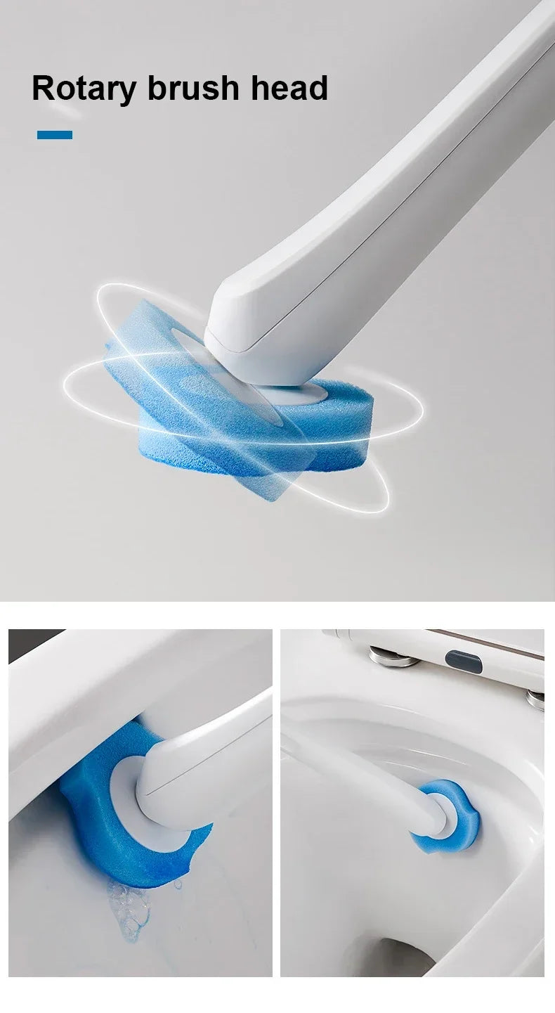 A white rotary brush head is shown cleaning the inside of a toilet bowl.