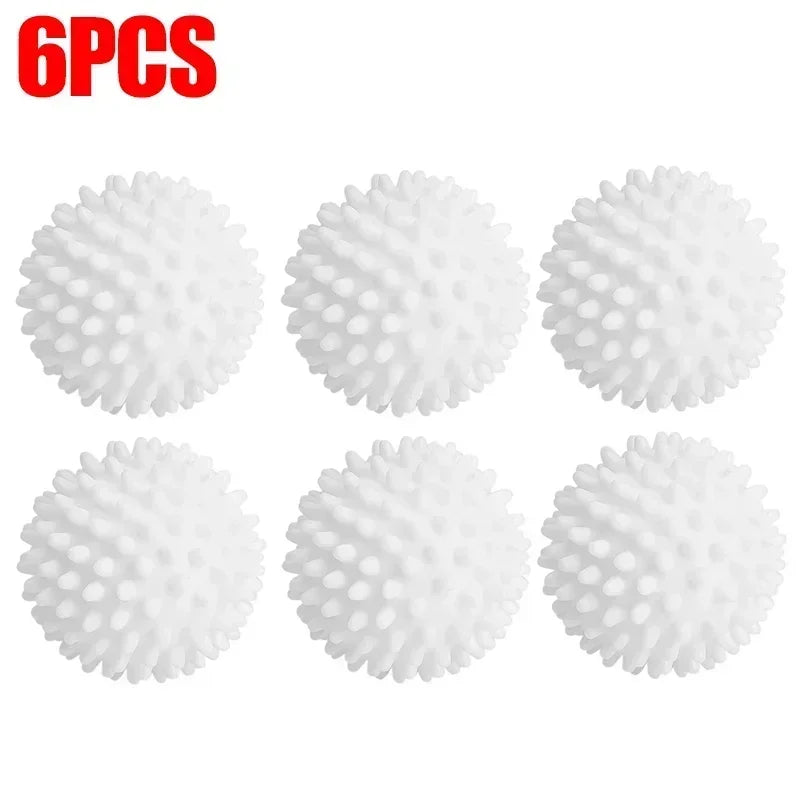 Six white reusable silicone laundry balls shown individually on a white background.