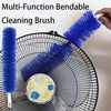 A hand is demonstrating a multi-function bendable cleaning brush being used on a black fan.