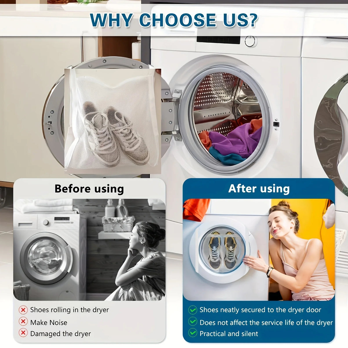 A woman is using a portable shoe washing mesh bag inside a washing machine for convenient and silent shoe cleaning.