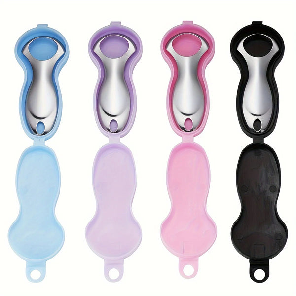 A set of four stainless steel tongue scrapers in various colors including blue, purple, pink, and black with protective cases