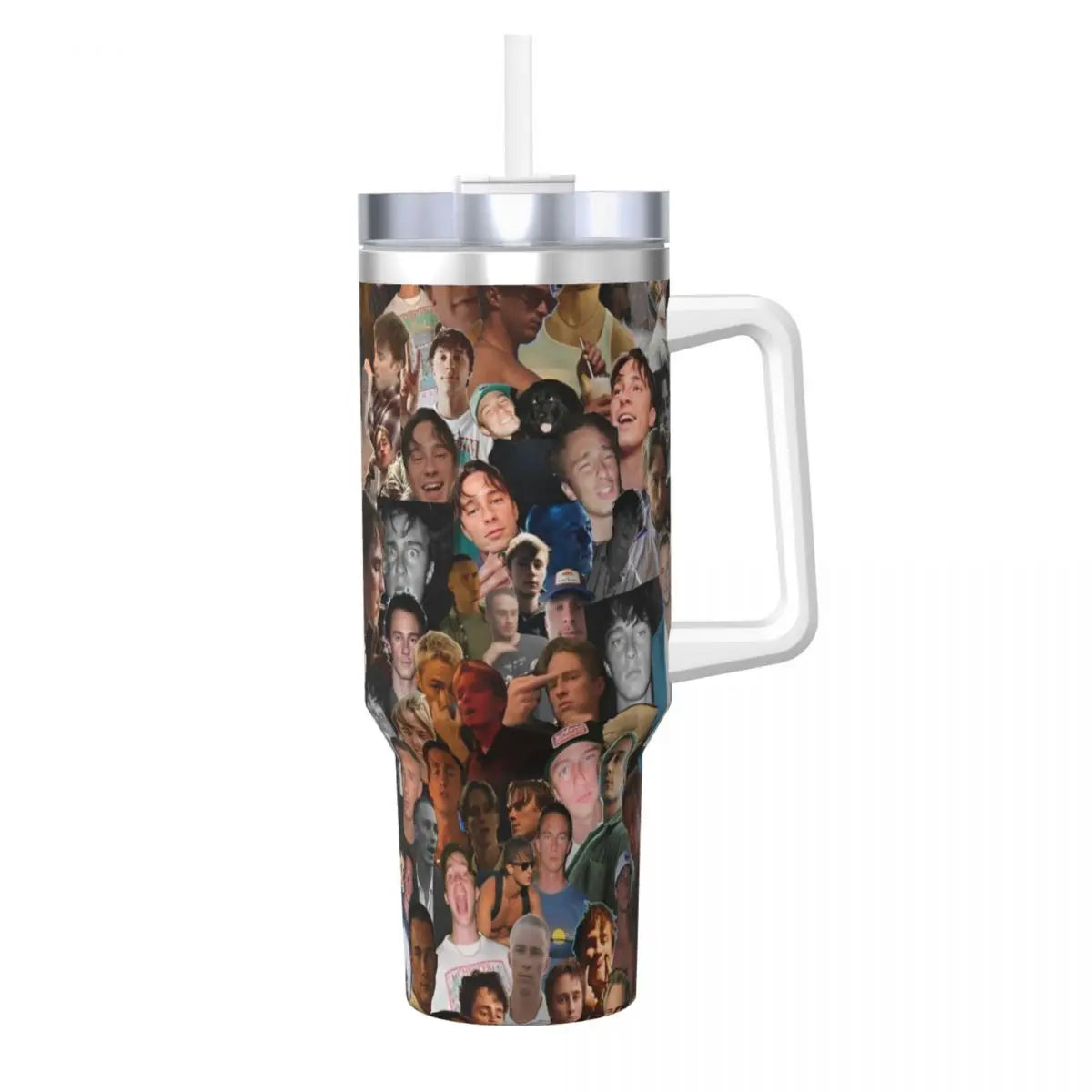 A stainless steel travel tumbler mug filled with a collage of faces.