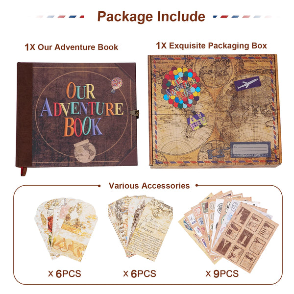 Ein Paket mit einem Abenteuerbuch, einer exquisiten Verpackungsbox und verschiedenen Zubehör wie Papier und Fotoscheiben.