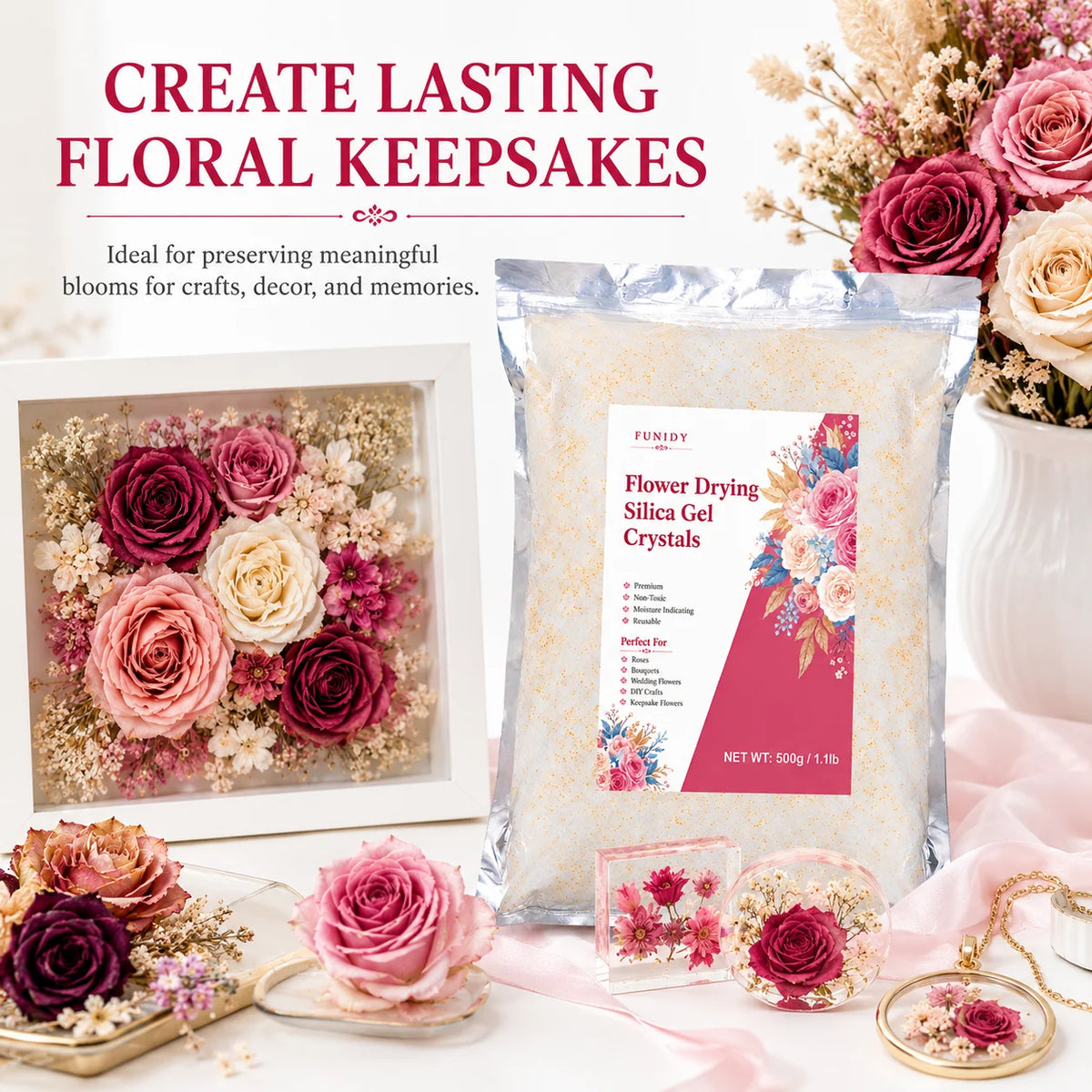 A package of Flower Drying Silica Gel Crystals for preserving flowers, surrounded by fresh roses and floral elements.