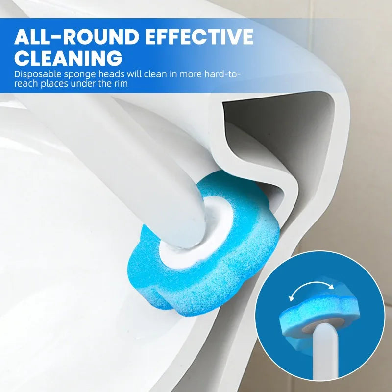 A blue sponge head of a long-handled toilet brush is shown cleaning inside a white toilet bowl.