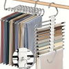 Stainless steel multi-layer hangers holding various colored garments on a wooden rack.