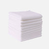 A stack of white thickened microfiber cleaning cloths for glass and surfaces.