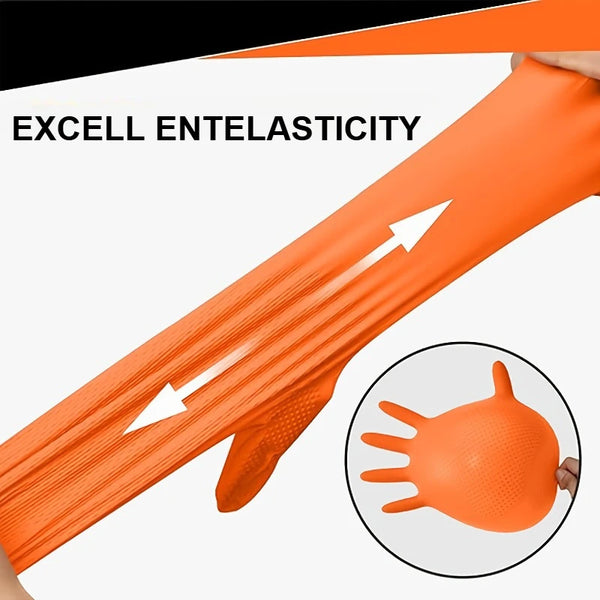 Orange nitrile work gloves demonstrating excellent elasticity and stretch