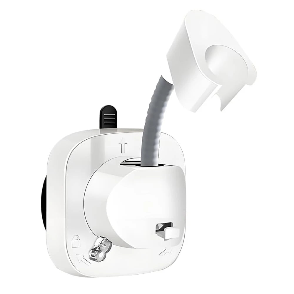A white No-Drill Adjustable Suction Cup Shower Head Holder with a flexible shower head attached.
